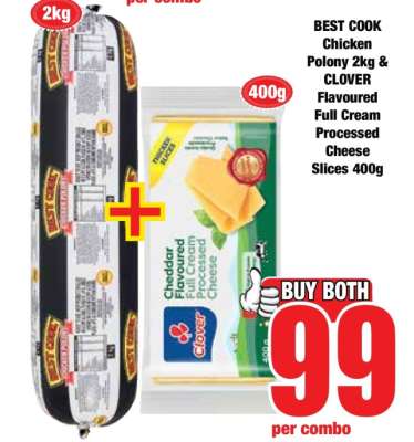 BEST COOK Chicken Polony 2kg & CLOVER Flavoured Full Cream Processed Cheese Slices 400g