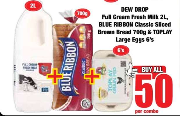 DEW DROP Full Cream Fresh Milk 2L, BLUE RIBBON Classic Sliced Brown Bread 700g & TOPLAY Large Eggs 6's