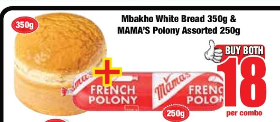 Mbakho White Bread 350g & MAMA’S Polony Assorted 250g