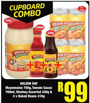 GOLDEN RAY Mayonnaise 750g, Tomato Sauce 700ml, Chutney Assorted 430g & 4 x Baked Beans 410g