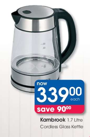 Kambrook 1.7 Litre Cordless Glass Kettle