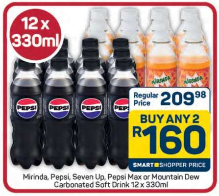 Mirinda, Pepsi, Seven Up, Pepsi Max or Mountain Dew Carbonated Soft Drink 12 x 330ml