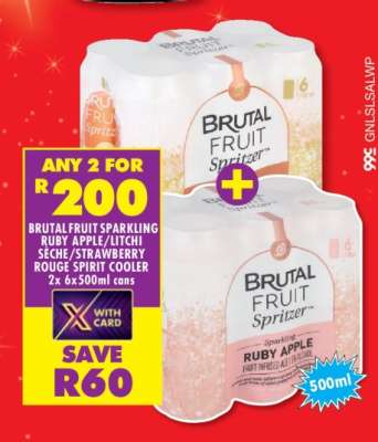 BRUTAL FRUIT SPARKLING RUBY APPLE/LITCHI SÈCHE/STRAWBERRY ROUGE SPIRIT COOLER 2x 6x 500ml cans