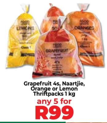 Grapefruit 4s, Naartjie, Orange or Lemon Thriftpacks 1 kg