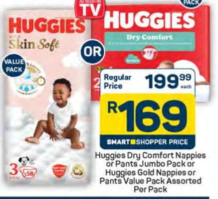Huggies Dry Comfort Nappies or Pants Jumbo Pack or Huggies Gold Nappies or Pants Value Pack Assorted Per Pack