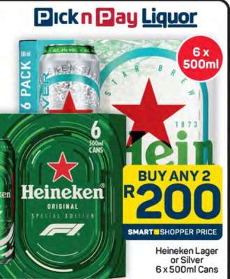 Heineken Lager or Silver 6 x 500ml Cans
