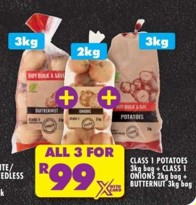 CLASS 1 POTATOES 3kg bag + CLASS 1 ONIONS 2kg bag + BUTTERNUT 3kg bag