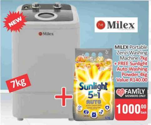 Milex Portable Zenzi Washing Machine 7kg + FREE Sunlight Auto Washing Powder 4kg