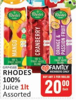 RHODES 100% Juice 1lt Assorted