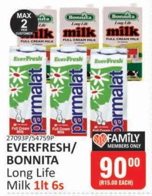 EVERFRESH/BONNITA Long Life Milk 1lt 6s