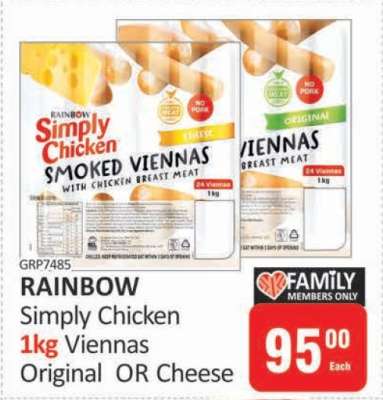 RAINBOW Simply Chicken 1kg Viennas Original OR Cheese