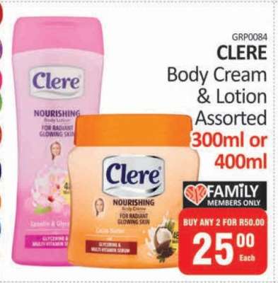 Clere Body Cream & Lotion Assorted