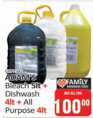 ADAM's Bleach 5lt + Dishwash 4lt + All Purpose 4lt