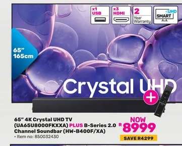 65" 4K Crystal UHD TV (UA65BU8000FKXXA) PLUS B-Series 2.0 Channel Soundbar (HW-B400F/XA)