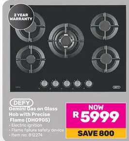 Defy Gemini Gas On Glass Hob With Precise Flame DHG905