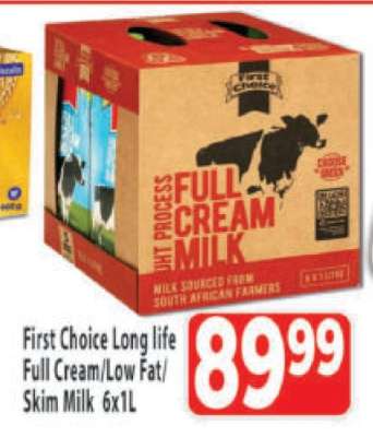 First Choice Long life Full Cream/Low Fat/Skim Milk 6x1L