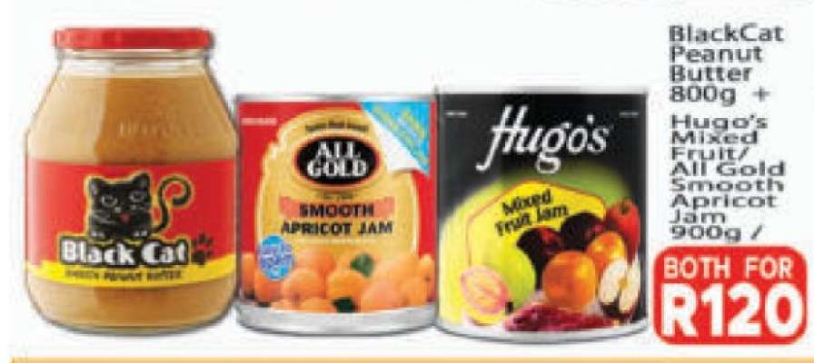 BlackCat Peanut Butter + Hugo’s Mixed Fruit/All Gold Smooth Apricot Jam