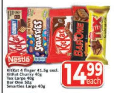 KitKat 4 finger 41.5g excl. KitKat Chunky 40g, Tex Large 40g, Bar One 52g, Smarties Large 40g
