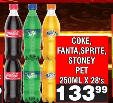 COKE, FANTA, SPRITE, STONEY PET 250ML X 28's