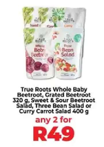 True Roots Whole Baby Beetroot, Grated Beetroot, Sweet & Sour Beetroot Salad, Three Bean Salad or Curry Carrot Salad