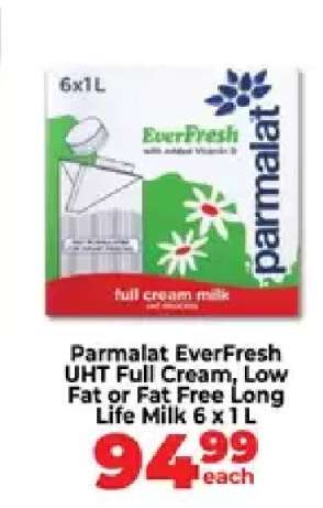 Parmalat EverFresh UHT Full Cream, Low Fat or Fat Free Long Life Milk 6 x 1 L