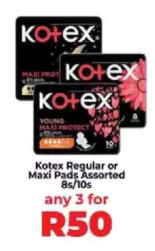 Kotex Regular or Maxi Pads Assorted 8s/10s