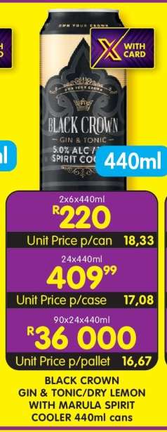 BLACK CROWN GIN & TONIC/DRY LEMON WITH MARULA SPIRIT COOLER 440ml cans