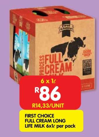 FIRST CHOICE FULL CREAM LONG LIFE MILK 6x1ℓ per pack