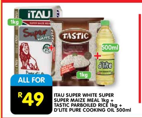 ITAU SUPER WHITE SUPER SUPER MAIZE MEAL 1kg + TASTIC PARBOILED RICE 1kg + D'LITE PURE COOKING OIL 500ml