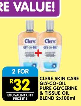 CLERE SKIN CARE GLY-CO-OIL PURE GLYCERINE & TISSUE OIL BLEND 2x100ml