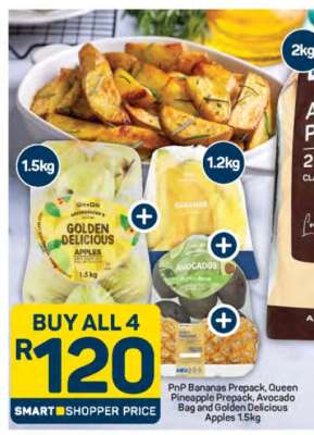 PnP Bananas Prepack, Queen Pineapple Prepack, Avocado Bag and Golden Delicious Apples 1.5kg