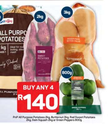 PnP All Purpose Potatoes 2kg, Butternut 3kg, Red Sweet Potatoes 2kg, Gem Squash 2kg or Green Peppers 800g