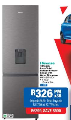 Hisense Titanium Inox-Finish Bottom-Freezer Fridge with Water Dispenser H370BIT-WD