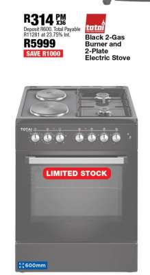 Total Black 2-Gas Burner and 2-Plate Electric Stove