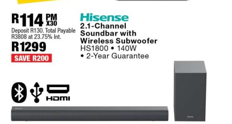 Hisense 2.1 Channel Soundbar With Wireless Subwoofer