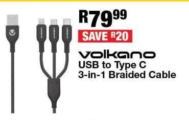 Volkano USB to Type C 3-in-1 Braided Cable