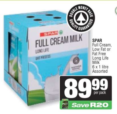 SPAR Full Cream, Low Fat or Fat Free Long Life Milk