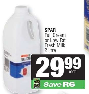 SPAR Full Cream or Low Fat Fresh Milk 2 litre