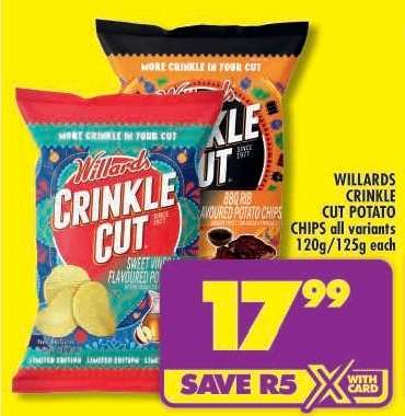 WILLARDS CRINKLE CUT POTATO CHIPS all variants 120g/125g each