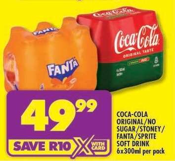 COCA-COLA ORIGINAL/NO SUGAR/STONEY/FANTA/SPRITE SOFT DRINK 6x300ml per pack