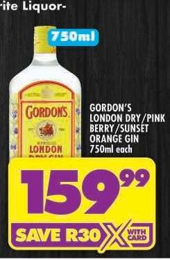 Gordon's London Dry/Pink Berry/Sunset Orange Gin 750ml