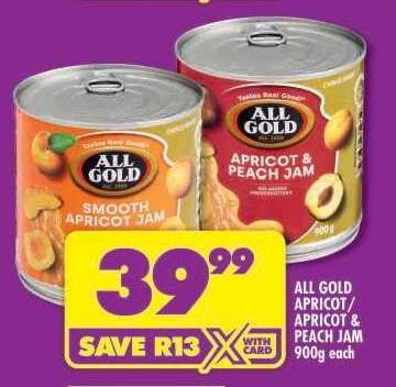 ALL GOLD APRICOT/APRICOT PEACH JAM 900g each