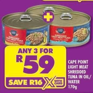 CAPE POINT LIGHT MEAT SHREDDED TUNA IN OIL/WATER 170g