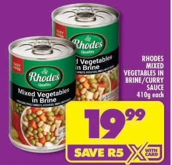 RHODES MIXED VEGETABLES IN BRINE/CURRY SAUCE 410g each
