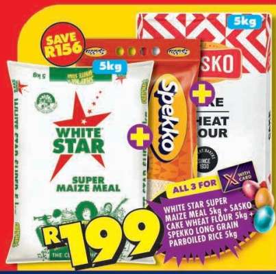 White Star Super Maize Meal 5kg + Sasko Cake Wheat Flour 5kg + Spekko Long Grain Parboiled Rice 5kg