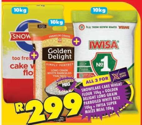 Snowflake Cake Wheat Flour 10kg + Golden Delight Long Grain Parboiled White Rice 10kg + Iwisa Super Maize Meal 10kg