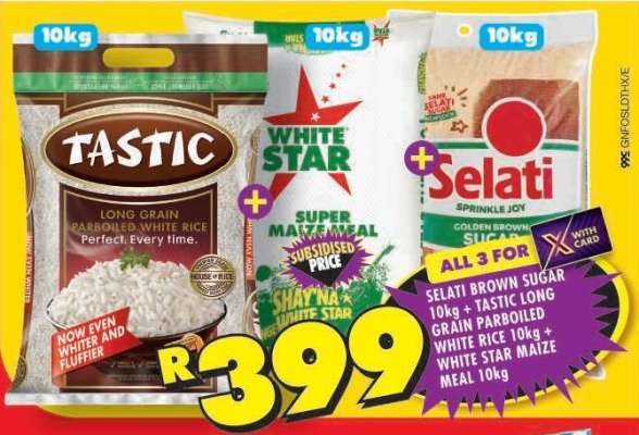 Selati Brown Sugar 10kg + Tastic Long Grain Parboiled White Rice 10kg + White Star Maize Meal 10kg