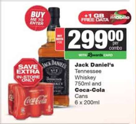 Jack Daniel's Tennessee Whiskey 750ml and Coca-Cola Cans 6 x 200ml