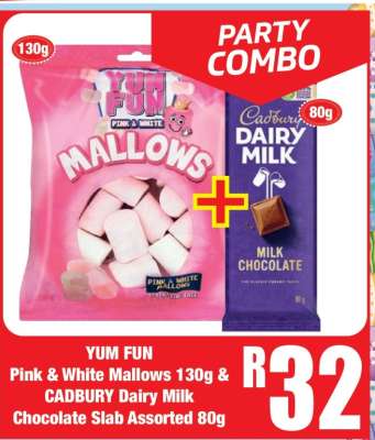 YUM FUN Pink & White Mallows 130g & CADBURY Dairy Milk Chocolate Slab Assorted 80g