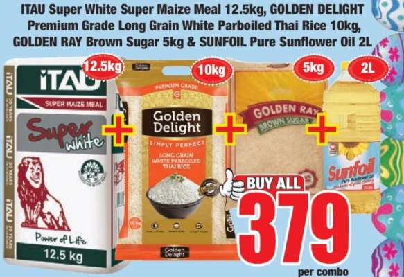ITAU Super White Super Maize Meal 12.5kg, GOLDEN DELIGHT Premium Grade Long Grain White Parboiled Thai Rice 10kg, GOLDEN RAY Brown Sugar 5kg & SUNFOIL Pure Sunflower Oil 2L